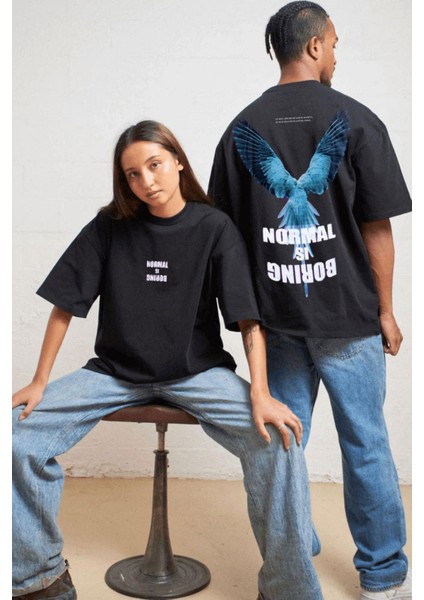Kadın Siyah Normal Is Boring Bisiklet Yaka Oversize Salaş T-Shirt