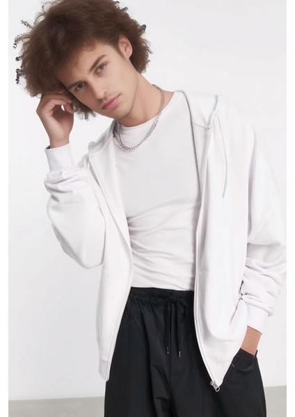 Erkek Beyaz Kapüşonlu Fermuarlı 3 Üç Iplik Polar Kanguru Oversize Sweatshirt Zip Up Hoodie