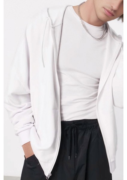 Erkek Beyaz Kapüşonlu Fermuarlı 3 Üç Iplik Polar Kanguru Oversize Sweatshirt Zip Up Hoodie modelleri