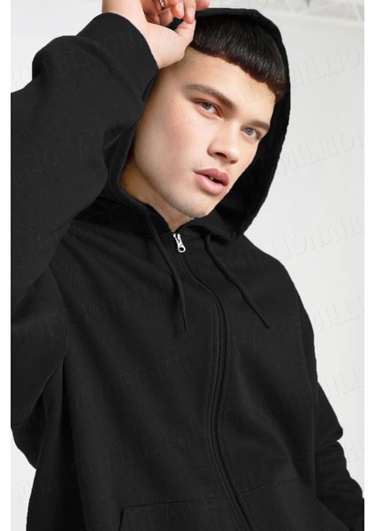 Erkek Siyah Kapüşonlu Fermuarlı 3 Üç Iplik Polar Kanguru Oversize Sweatshirt Zip Up Hoodie