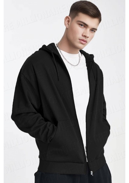 Erkek Siyah Kapüşonlu Fermuarlı 3 Üç Iplik Polar Kanguru Oversize Sweatshirt Zip Up Hoodie fiyatları