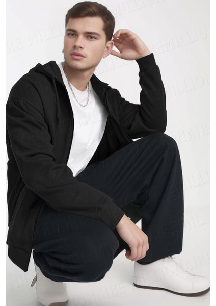 Erkek Siyah Kapüşonlu Fermuarlı 3 Üç Iplik Polar Kanguru Oversize Sweatshirt Zip Up Hoodie fırsatları