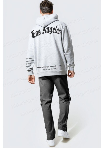 Erkek Gri Los Angeles Baskılı Kapüşonlu 3 Üç Iplik Polar Kanguru Cepli Oversize Sweatshirt Hoodie fiyatları