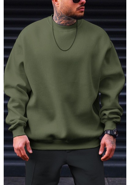 Erkek Haki Yeşili Basic 0 Sıfır Yaka Baskısız Düz Oversize Salaş Bol Kesim Polar Sweatshirt