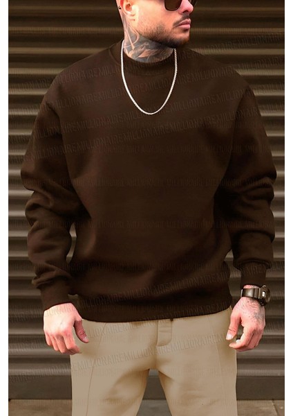 Erkek Kahverengi Basic 0 Sıfır Yaka Baskısız Düz Oversize Salaş Bol Kesim Polar Sweatshirt