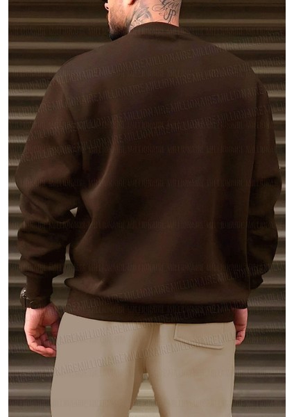 Erkek Kahverengi Basic 0 Sıfır Yaka Baskısız Düz Oversize Salaş Bol Kesim Polar Sweatshirt