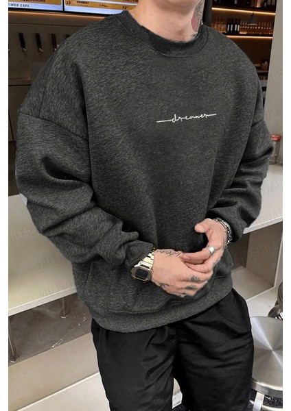 Erkek Antrasit Dreamer Baskılı 0 Sıfır Yaka Oversize Salaş Bol Kesim Polar Sweatshirt