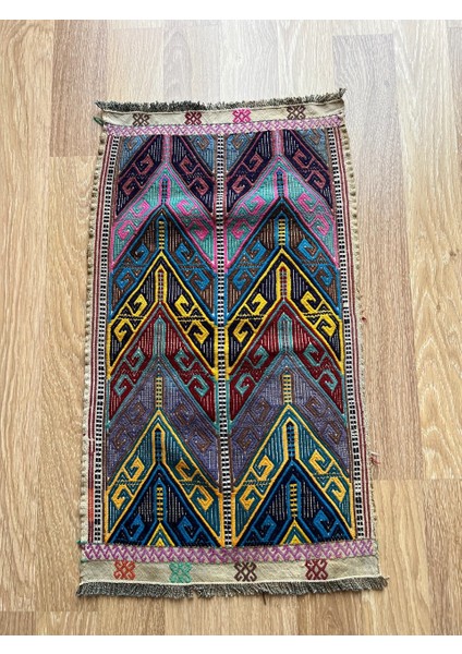 43X73 cm Boho Stili Mavi ve Sarı Renkli Harika Kondisyonlu El Dokuma Türk Kilimi