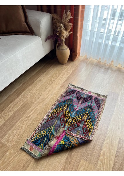 43X73 cm Boho Stili Mavi ve Sarı Renkli Harika Kondisyonlu El Dokuma Türk Kilimi