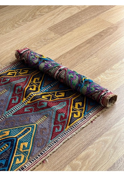 43X73 cm Boho Stili Mavi ve Sarı Renkli Harika Kondisyonlu El Dokuma Türk Kilimi