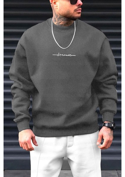 Erkek Füme Dreamer Baskılı 0 Sıfır Yaka Oversize Salaş Bol Kesim Polar Sweatshirt