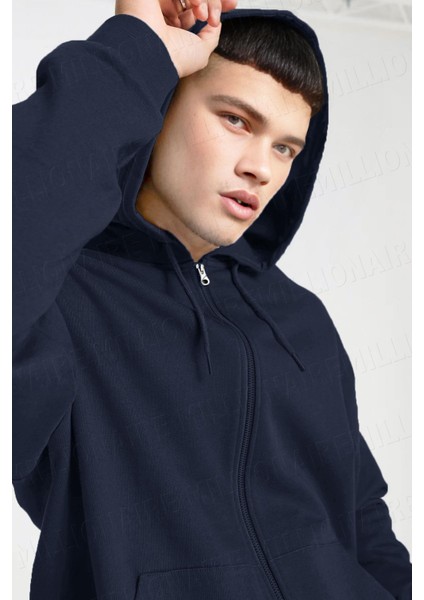 Erkek Lacivert Kapüşonlu Fermuarlı 3 Üç Iplik Polar Kanguru Oversize Sweatshirt Zip Up Hoodie