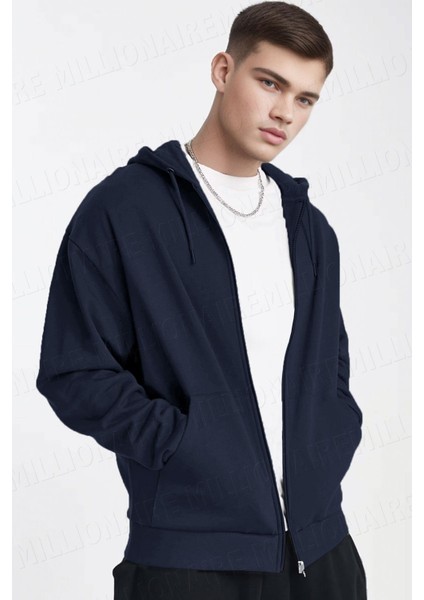 Erkek Lacivert Kapüşonlu Fermuarlı 3 Üç Iplik Polar Kanguru Oversize Sweatshirt Zip Up Hoodie fiyatları