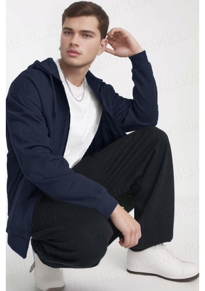 Erkek Lacivert Kapüşonlu Fermuarlı 3 Üç Iplik Polar Kanguru Oversize Sweatshirt Zip Up Hoodie fırsatları
