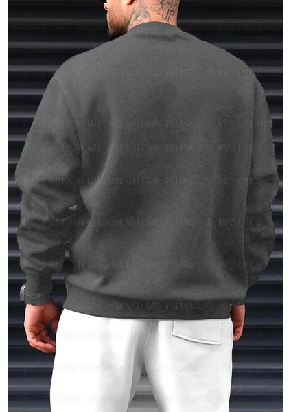 Erkek Antrasit Basic 0 Sıfır Yaka Baskısız Düz Oversize Salaş Bol Kesim Polar Sweatshirt
