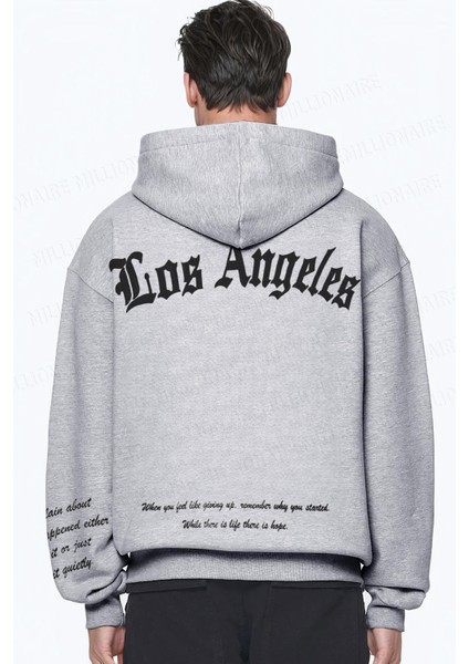 Erkek Gri Los Angeles Baskılı Kapüşonlu 3 Üç Iplik Polar Kanguru Cepli Oversize Sweatshirt Hoodie