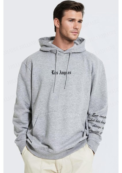 Erkek Gri Los Angeles Baskılı Kapüşonlu 3 Üç Iplik Polar Kanguru Cepli Oversize Sweatshirt Hoodie modelleri
