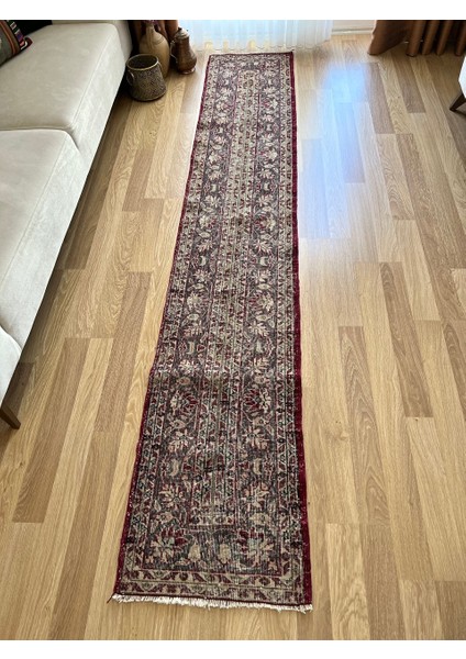 55X305 cm Çiçek Desenli William Morris Stili Modern Nostaljik El Dokuma Yün Kilim