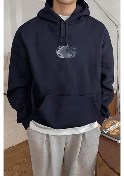 Erkek Lacivert Earth 3 Iplik Şardonlu Kapüşonlu Kanguru Cepli Oversize Salaş Hoodie Sweatshirt