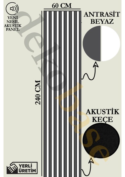 60x240 Cm Antrasit-Beyaz Renk Akustik Ahşap Duvar Paneli