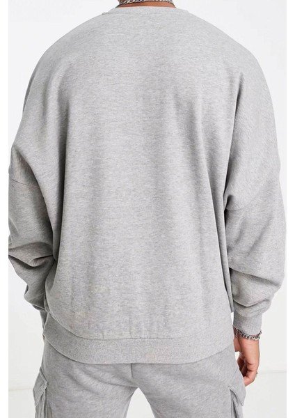 Erkek Gri Personality Baskılı 0 Sıfır Yaka Oversize Salaş Bol Kesim Polar Sweatshirt modelleri