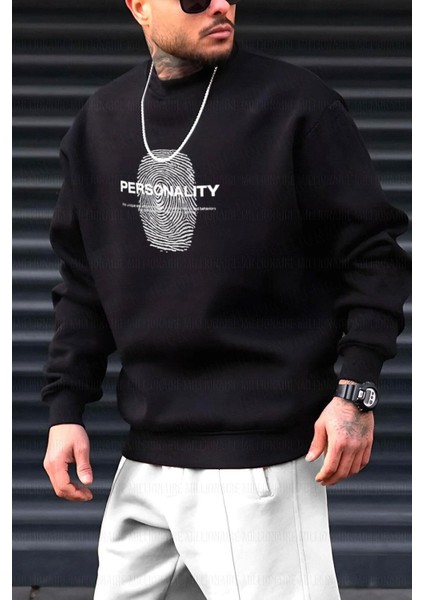 Erkek Siyah Personality Baskılı 0 Sıfır Yaka Oversize Salaş Bol Kesim Polar Sweatshirt