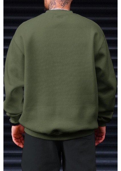 Erkek Haki Yeşili Basic 0 Sıfır Yaka Baskısız Düz Oversize Salaş Bol Kesim Polar Sweatshirt fırsatları