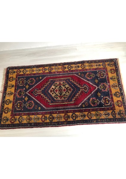 100X183CM El Dokuma Lacivert ve Sarı Renkli Antik Geometrik Desenli Nostaljik Kilim