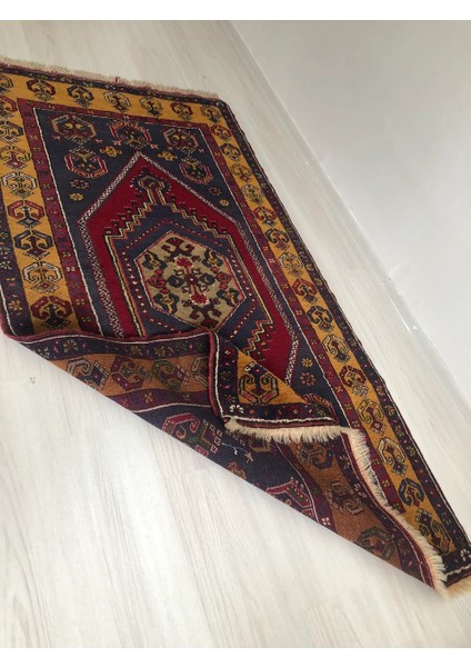 100X183CM El Dokuma Lacivert ve Sarı Renkli Antik Geometrik Desenli Nostaljik Kilim