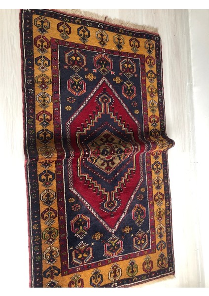 100X183CM El Dokuma Lacivert ve Sarı Renkli Antik Geometrik Desenli Nostaljik Kilim