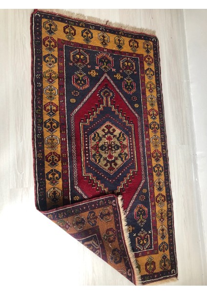 100X183CM El Dokuma Lacivert ve Sarı Renkli Antik Geometrik Desenli Nostaljik Kilim