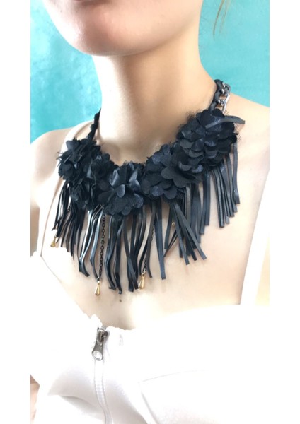 Deri Püsküllü Çiçekli Zincirli Kadın Kolye Boy 20 cm