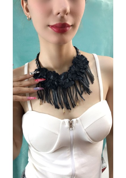 Deri Püsküllü Çiçekli Zincirli Kadın Kolye Boy 20 cm fiyatları