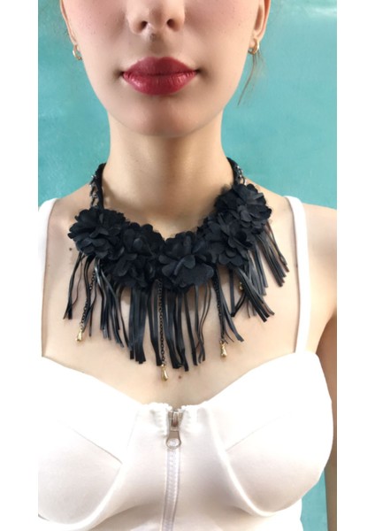 Deri Püsküllü Çiçekli Zincirli Kadın Kolye Boy 20 cm fırsatları