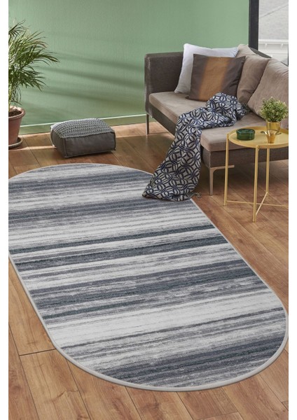 Halı Gri 9026 Yıkanabilir Saçaksız Oval Kesme Ince Yolluk Kilim Salon Halısı Modeli