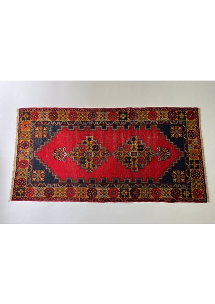 118X231 cm Kırmızı Renkli Rustik Desenli El Dokuma Yün Türk Kilim