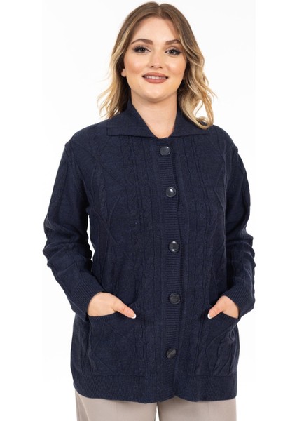 Kadın Orta Yaş ve Üzeri Yumuşak Doku Polo Yaka Düğmeli Anne Triko Hırka 2417-İndigo