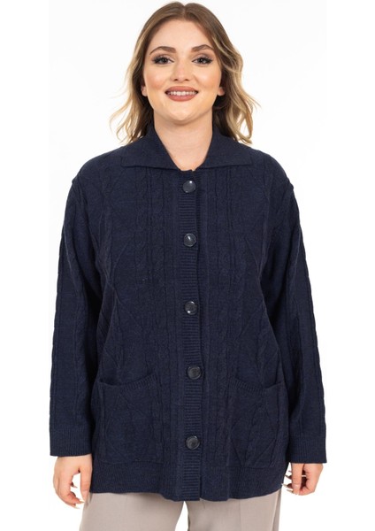 Kadın Orta Yaş ve Üzeri Yumuşak Doku Polo Yaka Düğmeli Anne Triko Hırka 2417-İndigo fiyatları