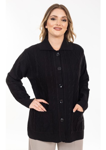 Kadın Orta Yaş ve Üzeri Yumuşak Doku Polo Yaka Düğmeli Anne Triko Hırka 2417-SIYAH