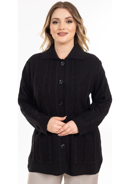 Kadın Orta Yaş ve Üzeri Yumuşak Doku Polo Yaka Düğmeli Anne Triko Hırka 2417-SIYAH fiyatları