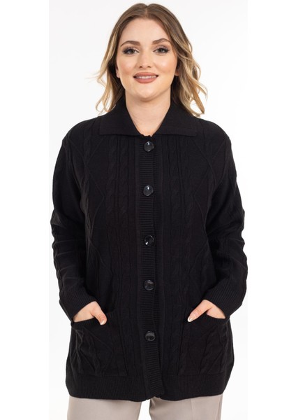 Kadın Orta Yaş ve Üzeri Yumuşak Doku Polo Yaka Düğmeli Anne Triko Hırka 2417-SIYAH indirimleri