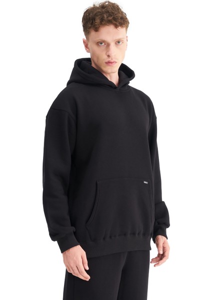 Erkek Oversize Şardonlu 3 İplik Kapüşonlu Sweatshirt, Kanguru Cepli İçi Yumuşak Tüylü fırsatları