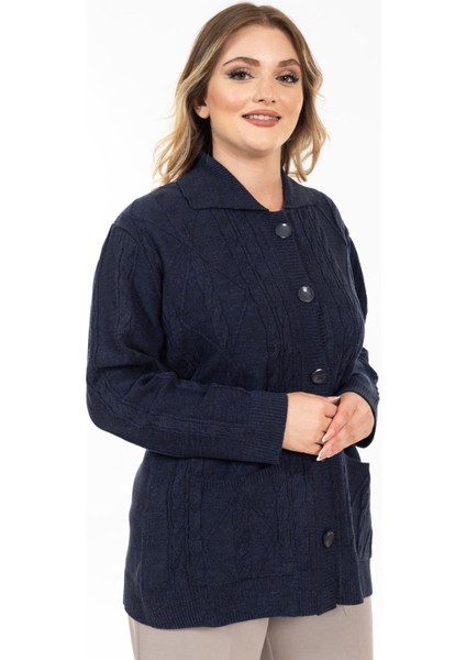 Kadın Orta Yaş ve Üzeri Yumuşak Doku Polo Yaka Düğmeli Anne Triko Hırka 2417-İndigo modelleri