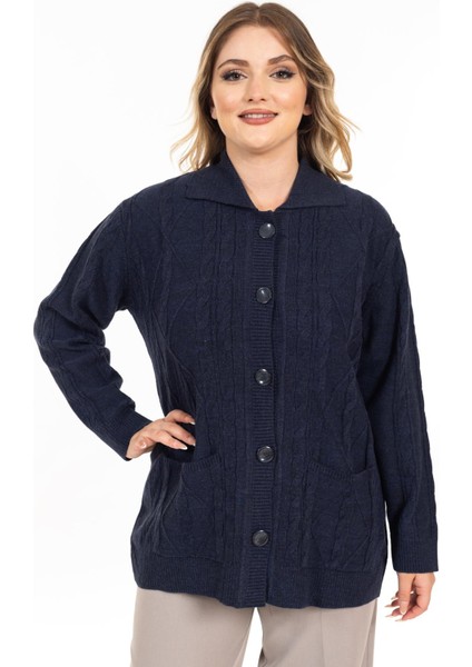 Kadın Orta Yaş ve Üzeri Yumuşak Doku Polo Yaka Düğmeli Anne Triko Hırka 2417-İndigo indirimleri