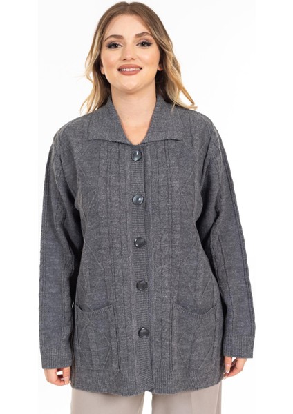 Kadın Orta Yaş ve Üzeri Yumuşak Doku Polo Yaka Düğmeli Anne Triko Hırka 2417-GRI