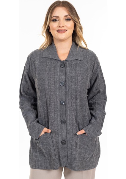 Kadın Orta Yaş ve Üzeri Yumuşak Doku Polo Yaka Düğmeli Anne Triko Hırka 2417-GRI fiyatları