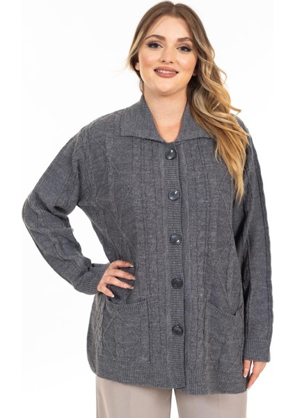 Kadın Orta Yaş ve Üzeri Yumuşak Doku Polo Yaka Düğmeli Anne Triko Hırka 2417-GRI indirimleri