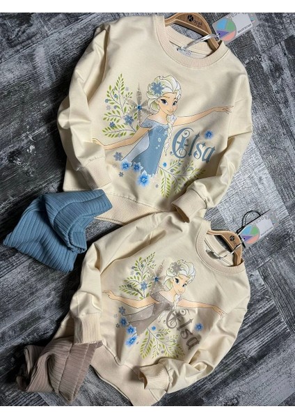 Yeni Sezon Elsa Desenli Mavi Renk Kız Çocuk Taytlı Takım