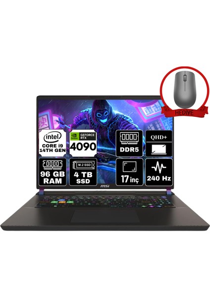 Msı Vector 17 Hx Intel Core I9 14900HX 96GB 4tb SSD RTX4090/16GB Windows 11 Home 17" Qhd+ 240Hz Taşınabilir Bilgisayar A14VIG-879XTR-A64 & Anzar Mouse