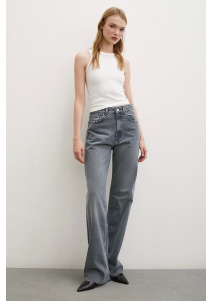 Yüksek Bel Kesik Paça Wide Leg Jean Füme modelleri
